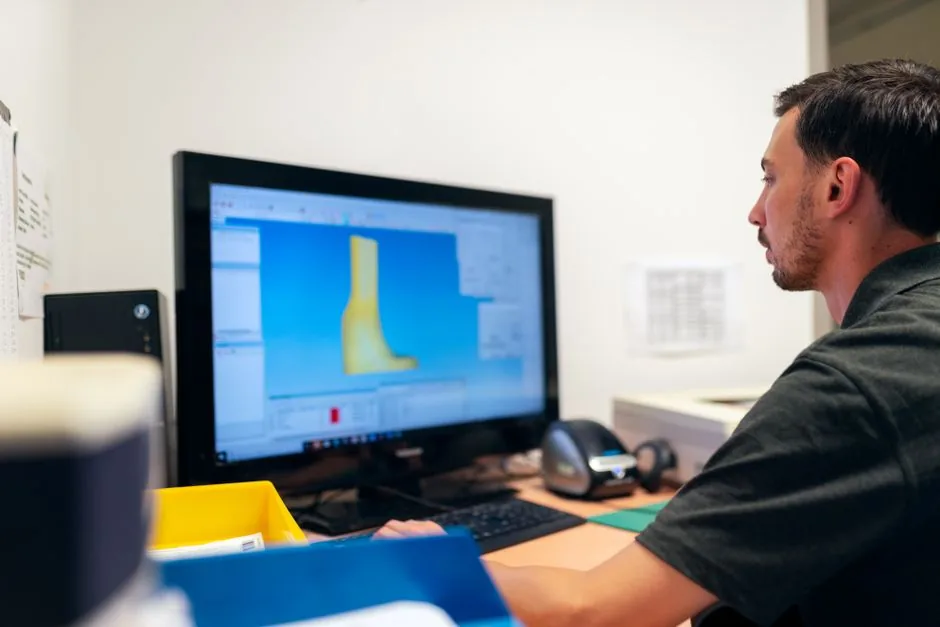 Engineer reviewing a 3D model on a desktop monitor