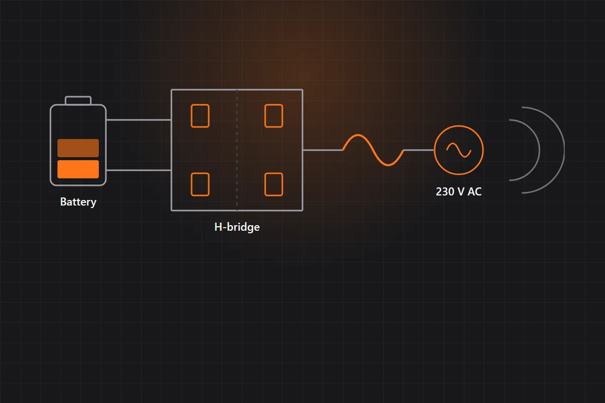 Diagram of a battery feeding an H-bridge inverter that outputs 230 V AC