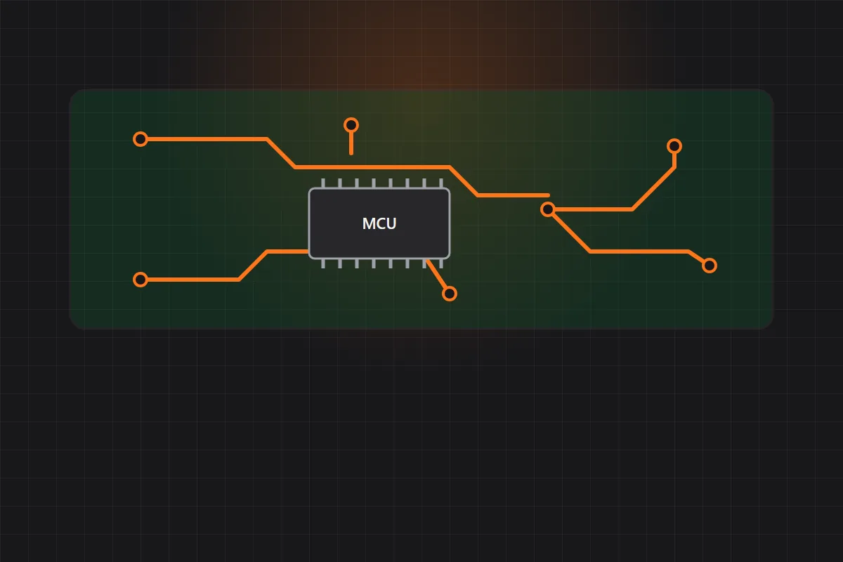 Illustration of PCB traces running to a microcontroller