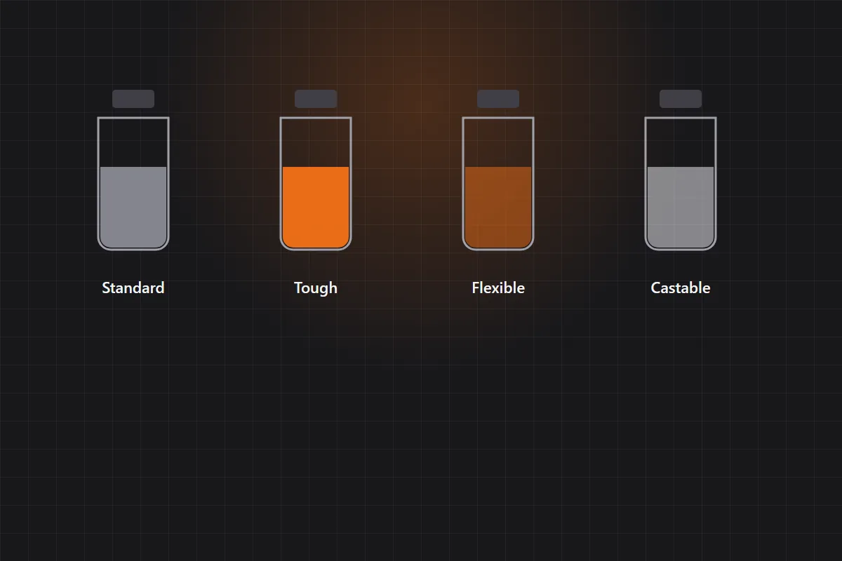 Illustration of four resin bottles labelled standard, tough, flexible and castable