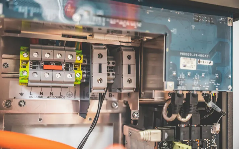 Open solar inverter showing AC terminals and control board during a maintenance inspection